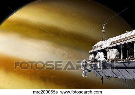 Astronauts performing work on a space station while orbiting a large alien planet. View Large Illustration Stock Illustration - Astronauts performing work on a space station while orbiting a large alien planet.. Fotosearch