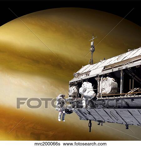 Astronauts performing work on a space station while orbiting a large alien planet. View Large Illustration Stock Illustration - Astronauts performing work on a space station while orbiting a large alien planet.. Fotosearch