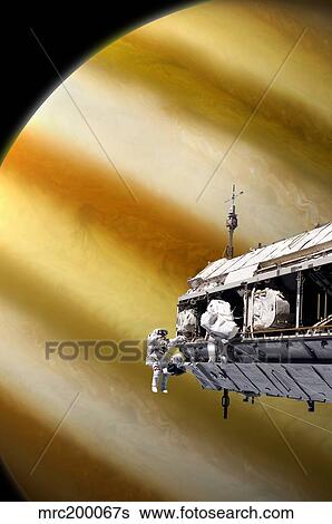 Astronauts performing work on a space station while orbiting a large alien planet. View Large Illustration Stock Illustration - Astronauts performing work on a space station while orbiting a large alien planet.. Fotosearch