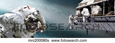 Astronauts performing work on a space station while orbiting a Jupiter-like planet. View Large Photo Image Stock Photograph - Astronauts performing work on a space station while orbiting a Jupiter-like planet.. Fotosearch