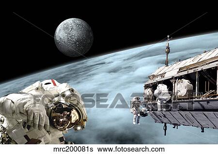Astronauts performing work on a space station while orbiting an alien world with moonrise. View Large Photo Image Stock Photograph - Astronauts performing work on a space station while orbiting an alien world with moonrise.. Fotosearch