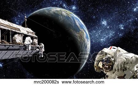 Stock Photograph - Astronauts performing work on a space station while orbiting an Earth-like planet.. Fotosearch