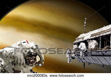 Astronauts performing work on a space station while orbiting a Jupiter-like planet. View Large Photo Image Stock Photograph - Astronauts performing work on a space station while orbiting a Jupiter-like planet.. Fotosearch
