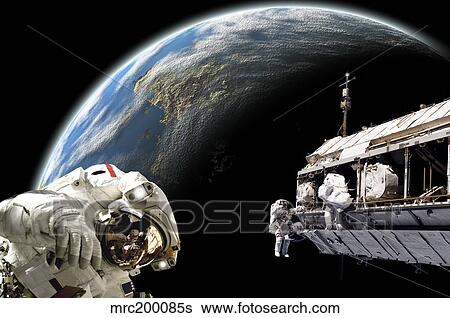 Astronauts performing work on a space station while orbiting an Earth-like planet. View Large Photo Image Stock Photograph - Astronauts performing work on a space station while orbiting an Earth-like planet.. Fotosearch