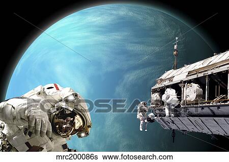 Stock Photograph - Astronauts performing work on a space station while orbiting a water covered planet.. Fotosearch