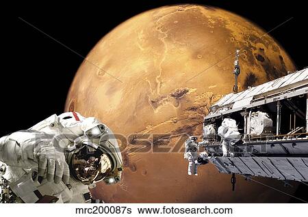 Astronauts performing work on a space station while orbiting above Mars. View Large Photo Image Stock Photograph - Astronauts performing work on a space station while orbiting above Mars.. Fotosearch