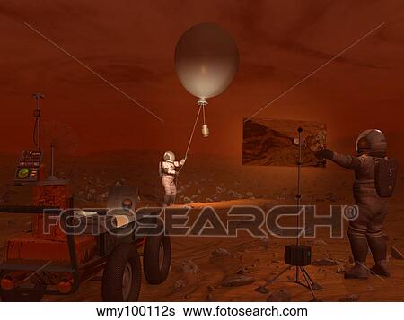 Astronauts release a weather balloon on the surface of Titan. View Large Illustration Stock Illustration - Astronauts release a weather balloon on the surface of Titan.. Fotosearch