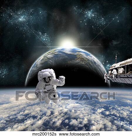 Astronauts work on a space station while the sun rises on an Earth-like planet. View Large Photo Image Stock Photograph - Astronauts work on a space station while the sun rises on an Earth-like planet.. Fotosearch