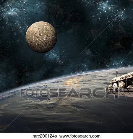 Astronauts working on space station while orbiting an Earth-like planet. View Large Photo Image Stock Photograph - Astronauts working on space station while orbiting an Earth-like planet.. Fotosearch