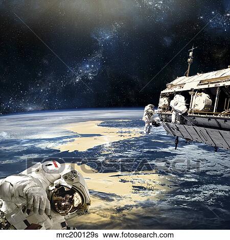 Astronauts working on space station while orbiting an Earth-like planet. View Large Photo Image Stock Photograph - Astronauts working on space station while orbiting an Earth-like planet.. Fotosearch