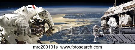 Astronauts working on space station while orbiting above the Baltric region on Earth. View Large Photo Image Stock Photograph - Astronauts working on space station while orbiting above the Baltric region on Earth.. Fotosearch