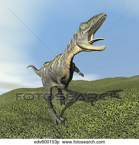 Aucasaurus dinosaur bellows a loud roar. View Large Illustration Stock Illustration - Aucasaurus dinosaur bellows a loud roar.. Fotosearch