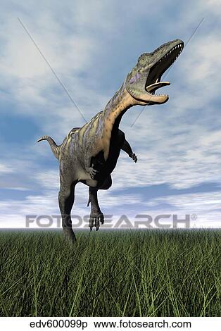Aucasaurus dinosaur running on the green grass with mouth open. View Large Illustration Stock Illustration - Aucasaurus dinosaur running on the green grass with mouth open.. Fotosearch