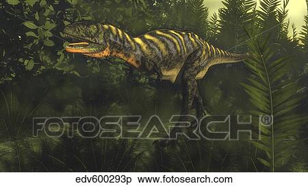 Aucasaurus dinosaur walking amongst lush foliage. View Large Illustration Stock Illustration - Aucasaurus dinosaur walking amongst lush foliage.. Fotosearch