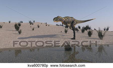 Aucasaurus running along the shore. View Large Illustration Stock Illustration - Aucasaurus running along the shore.. Fotosearch