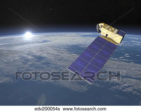 Stock Illustration - Aura satellite orbiting Earth and rising Sun.. Fotosearch