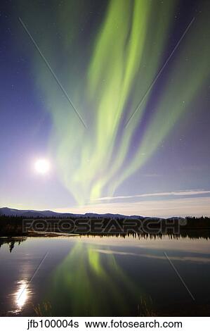 Aurora borealis and Full Moon over the Yukon River, Canada. View Large Photo Image Stock Photograph - Aurora borealis and Full Moon over the Yukon River, Canada.. Fotosearch