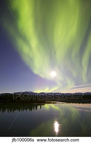 Aurora borealis and Full Moon over the Yukon River, Canada. View Large Photo Image Stock Photograph - Aurora borealis and Full Moon over the Yukon River, Canada.. Fotosearch