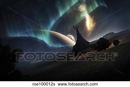 Stock Illustration - Aurora Borealis on an imaginative Earth-like planet.. Fotosearch