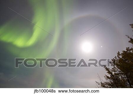 Stock Photograph - Aurora borealis with full moon, halo and Venus by Lake Laberge, Yukon, Canada.. Fotosearch