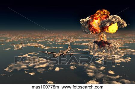 B-29 Superfortress flying away from the explosion of the atomic bomb. View Large Illustration Stock Illustration - B-29 Superfortress flying away from the explosion of the atomic bomb.. Fotosearch