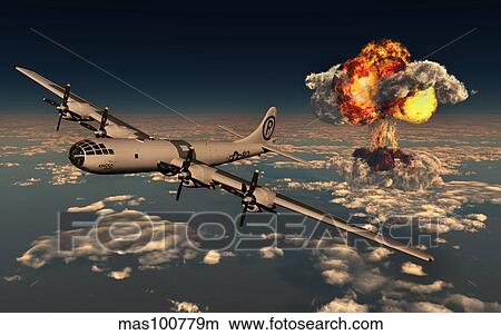 B-29 Superfortress flying away from the explosion of the atomic bomb. View Large Illustration Stock Illustration - B-29 Superfortress flying away from the explosion of the atomic bomb.. Fotosearch