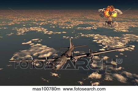 Stock Illustration - B-29 Superfortress flying away from the explosion of the atomic bomb.. Fotosearch