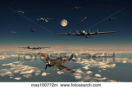B-29 Superfortress planes under attack from Japanese Nakajima Ki-84 fighter planes. View Large Illustration Stock Illustration - B-29 Superfortress planes under attack from Japanese Nakajima Ki-84 fighter planes.. Fotosearch