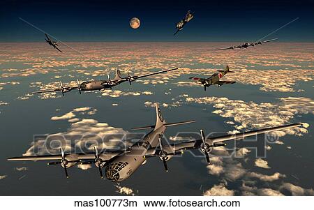 B-29 Superfortress planes under attack from Japanese Nakajima Ki-84 fighter planes. View Large Illustration Stock Illustration - B-29 Superfortress planes under attack from Japanese Nakajima Ki-84 fighter planes.. Fotosearch