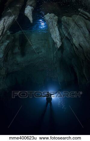 Backlit diver in Chandelier Cave with large stalactites. View Large Photo Image Stock Photograph - Backlit diver in Chandelier Cave with large stalactites.. Fotosearch