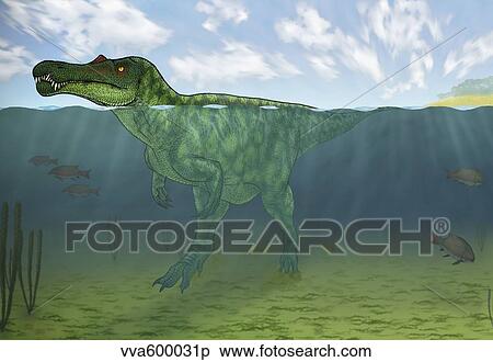Baryonyx swimming amongst some Lepidotes fish. View Large Illustration Stock Illustration - Baryonyx swimming amongst some Lepidotes fish.. Fotosearch