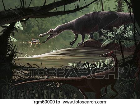 Stock Illustration - Baryonyx walkeri fishing while a Pelecanimimus observes from the other side.. Fotosearch