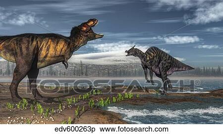 Battle between Tyrannosaurus rex and Saurolophus. View Large Illustration Stock Illustration - Battle between Tyrannosaurus rex and Saurolophus.. Fotosearch