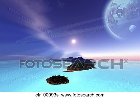 Beautiful cosmic seascape on an alien world. View Large Illustration Stock Illustration - Beautiful cosmic seascape on an alien world.. Fotosearch
