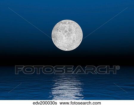 Stock Illustration - Beautiful full moon against a deep blue sky over the ocean.. Fotosearch