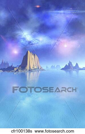 Beautiful night scene of the ocean. View Large Illustration Stock Illustration - Beautiful night scene of the ocean.. Fotosearch
