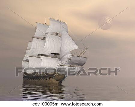 Beautiful old merchant ship sailing on quiet waters. View Large Illustration Stock Illustration - Beautiful old merchant ship sailing on quiet waters.. Fotosearch