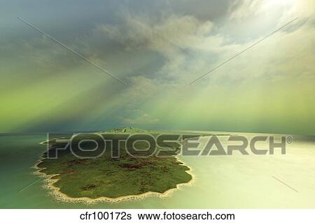 Stock Illustration - Beautiful rays of sun stream down on an island in the ocean.. Fotosearch