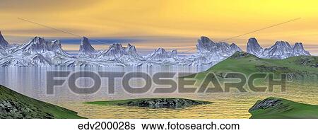 Stock Illustration - Beautiful sunset over landscape with green grass and rocky mountains.. Fotosearch