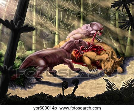 Stock Illustration - Biarmosuchus predators eating the flesh of a Estemmenosuchus.. Fotosearch