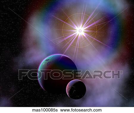 Stock Illustration - Binary worlds orbiting each other.. Fotosearch