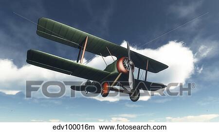 Stock Illustration - Biplane flying in blue cloudy sky.. Fotosearch