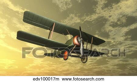 Stock Illustration - Biplane flying in the sky by sunset.. Fotosearch