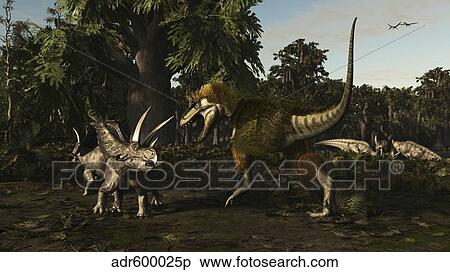 Stock Illustration - Bistahieversor attacking a pair of Pentaceratops.. Fotosearch