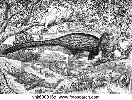 Stock Illustration - Black ink drawing of extinct animals from the Hell Creek Formation.. Fotosearch