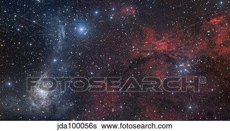 Stock Photograph - Blue and red nebulae in the Camelopardalis constellation.. Fotosearch