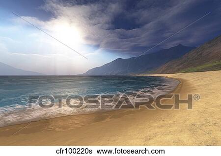 Stock Illustration - Blue seas and radient sun shine in this seascape.. Fotosearch