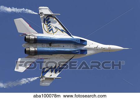 Bottom view of a Russian MiG-29OVT aerobatic aircraft. View Large Photo Image Picture - Bottom view of a Russian MiG-29OVT aerobatic aircraft.. Fotosearch