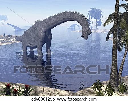 Stock Illustration - Brachiosaurus dinosaur walking in water by morning light.. Fotosearch