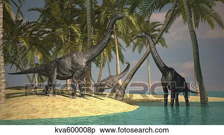 Brachiosaurus dinosaurs grazing at the water's edge. View Large Illustration Stock Illustration - Brachiosaurus dinosaurs grazing at the water's edge.. Fotosearch